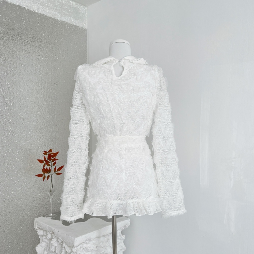 Knitted collar temperament short skirt lace tops a set