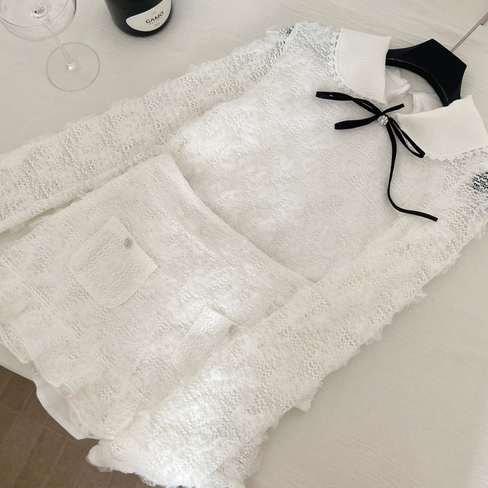Knitted collar temperament short skirt lace tops a set