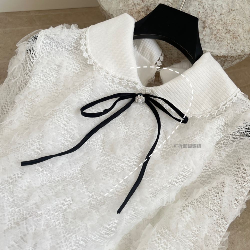 Knitted collar temperament short skirt lace tops a set