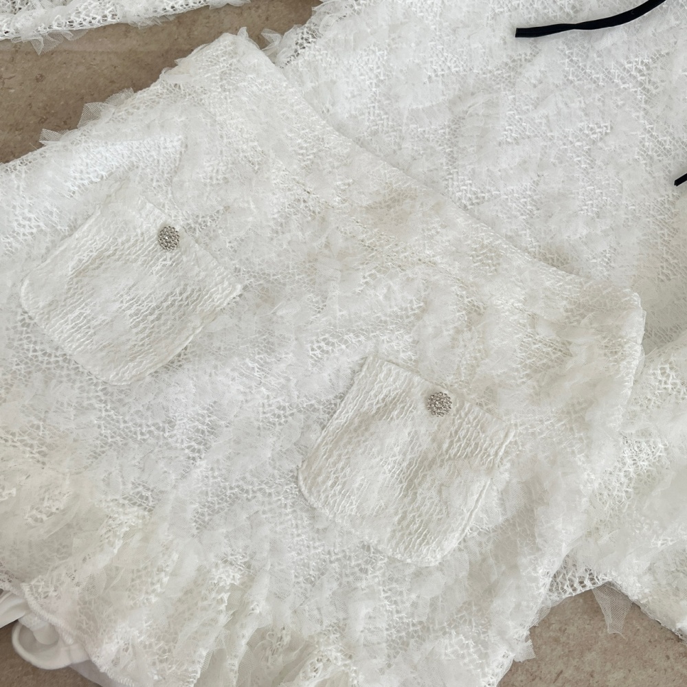 Knitted collar temperament short skirt lace tops a set