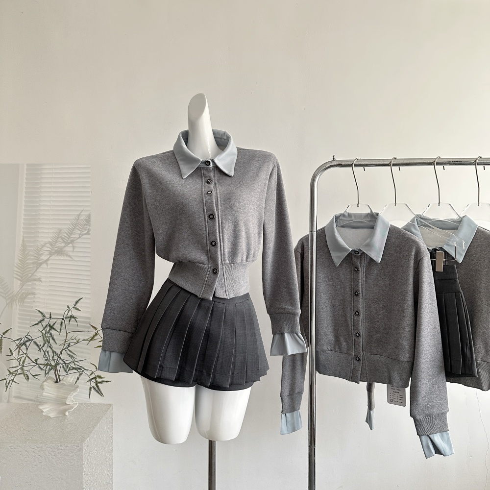 Long sleeve college style tops lapel sweater a set for women