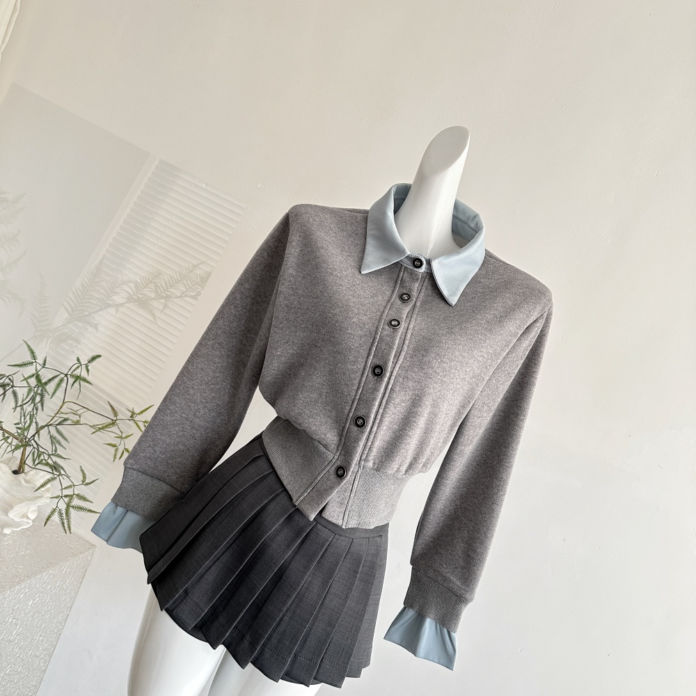 Long sleeve college style tops lapel sweater a set for women