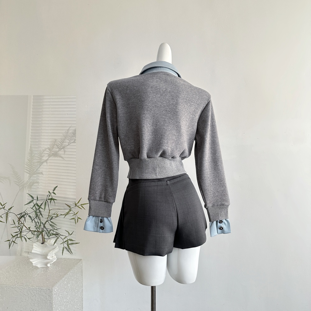 Long sleeve college style tops lapel sweater a set for women