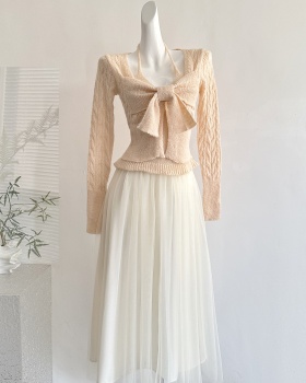 Wool knitted tops bow Pseudo-two skirt a set
