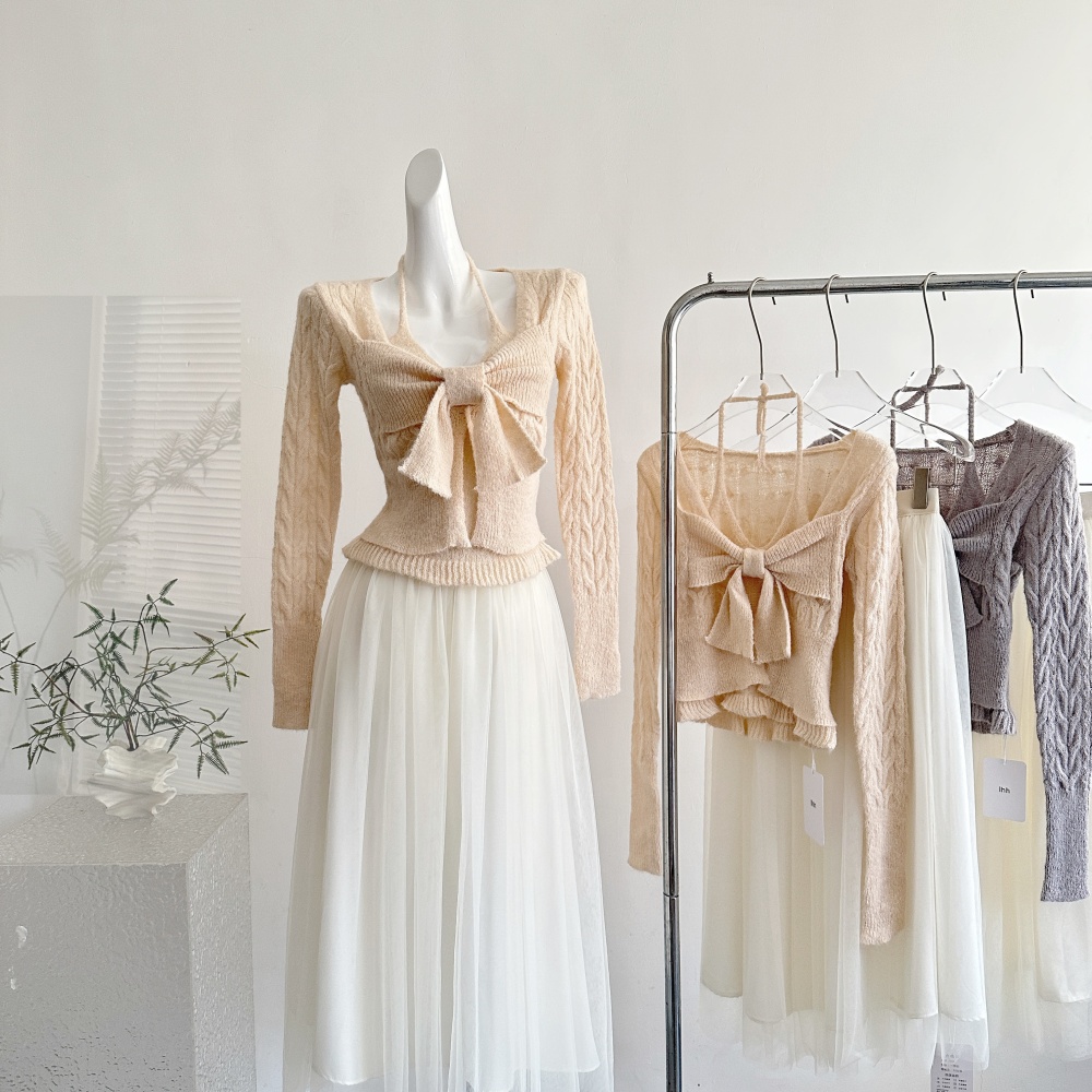 Wool knitted tops bow Pseudo-two skirt a set