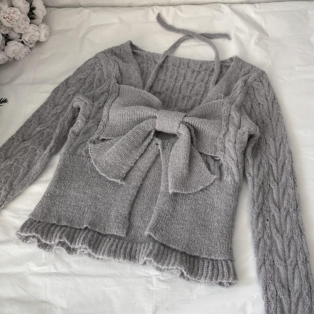 Wool knitted tops bow Pseudo-two skirt a set