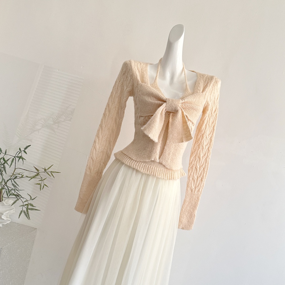 Wool knitted tops bow Pseudo-two skirt a set