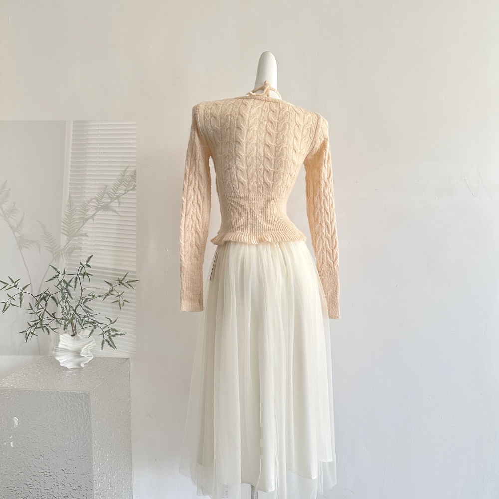 Wool knitted tops bow Pseudo-two skirt a set
