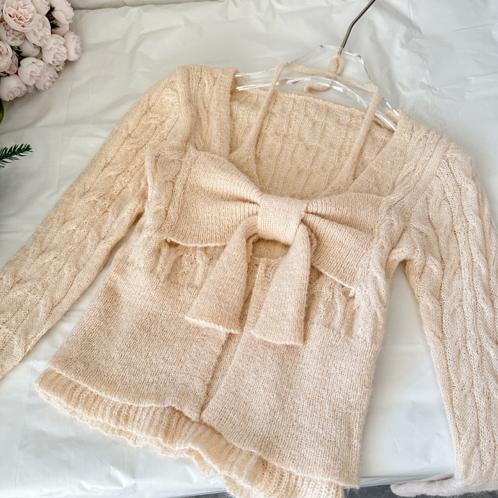 Wool knitted tops bow Pseudo-two skirt a set