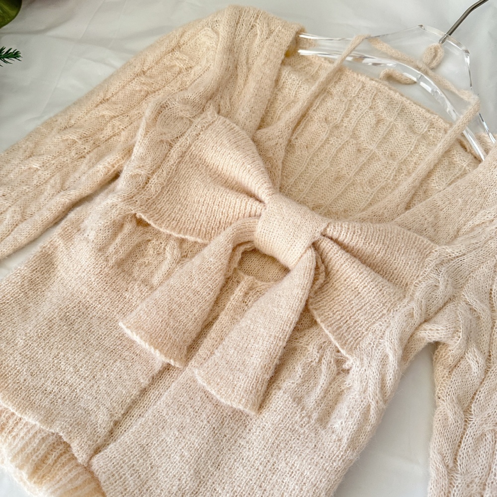 Wool knitted tops bow Pseudo-two skirt a set