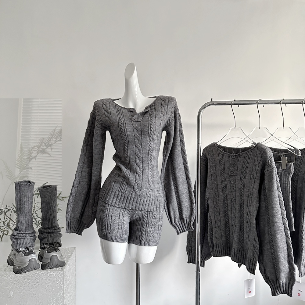 Slim twist tops gray pullover sweater a set for women