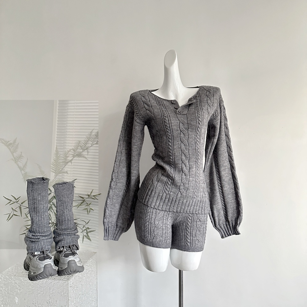 Slim twist tops gray pullover sweater a set for women