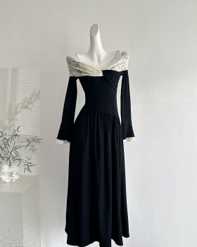 Slim mixed colors dress cross collar long sleeve sweater