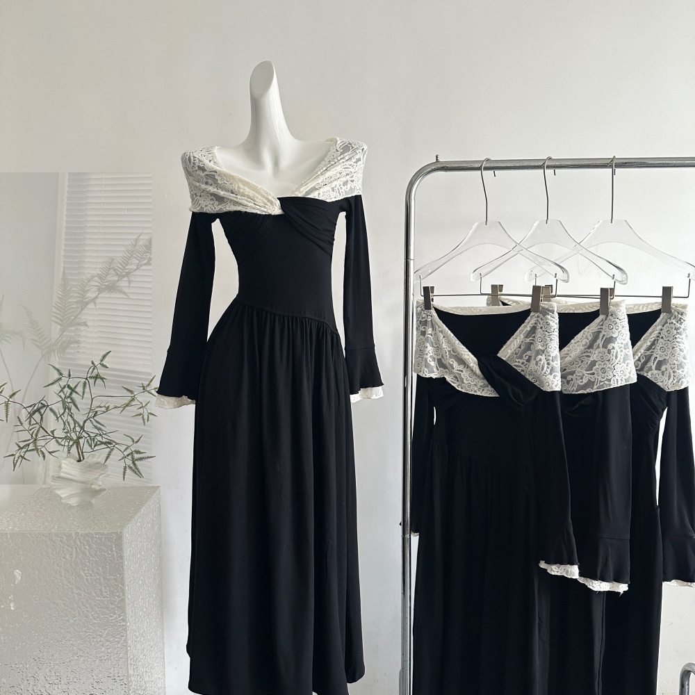 Slim mixed colors dress cross collar long sleeve sweater