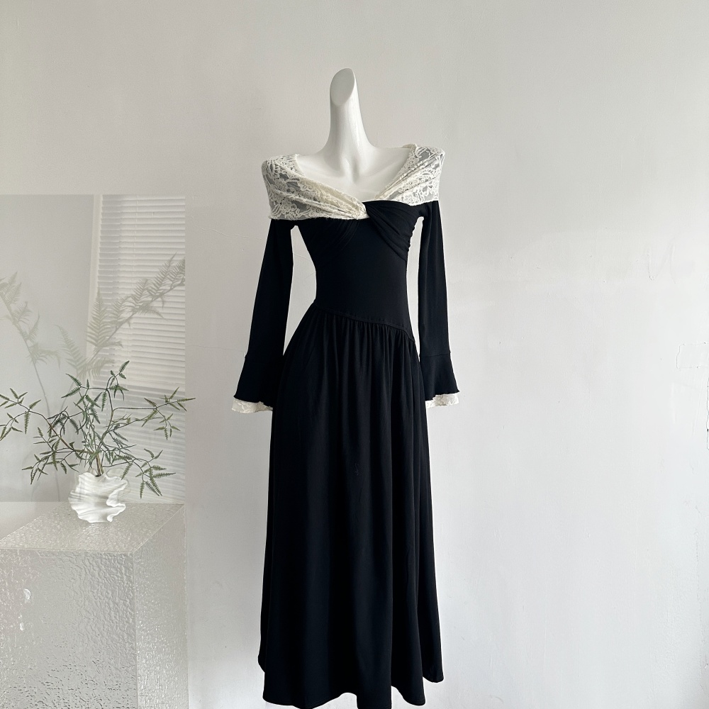 Slim mixed colors dress cross collar long sleeve sweater