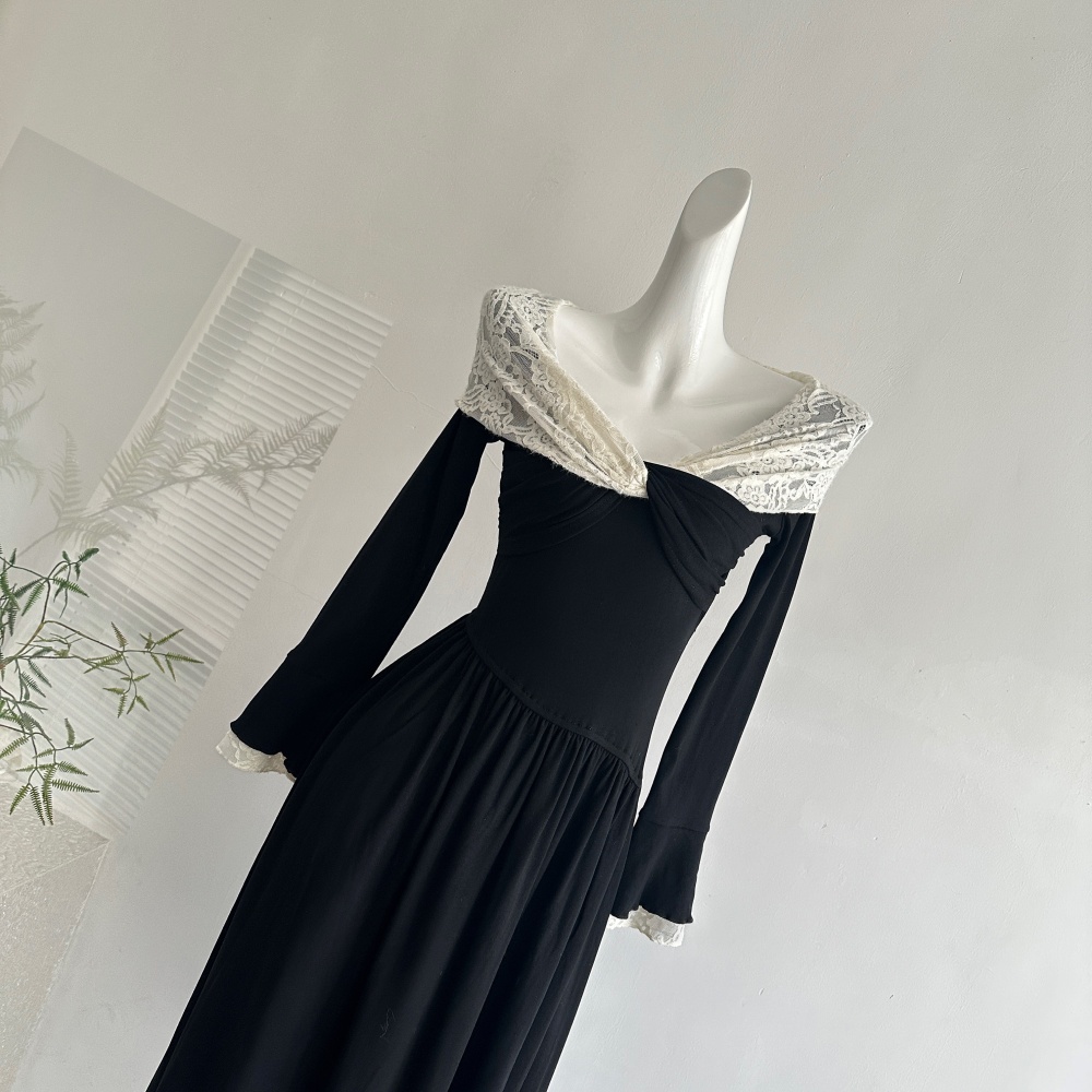 Slim mixed colors dress cross collar long sleeve sweater