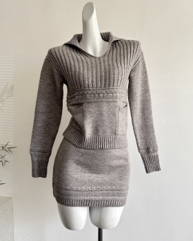 Knitted colors tops wool short skirt a set for women