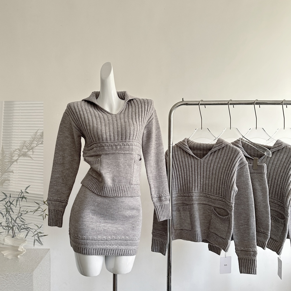 Knitted colors tops wool short skirt a set for women