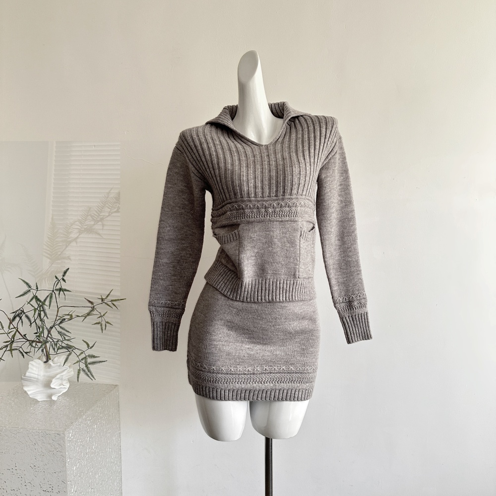 Knitted colors tops wool short skirt a set for women