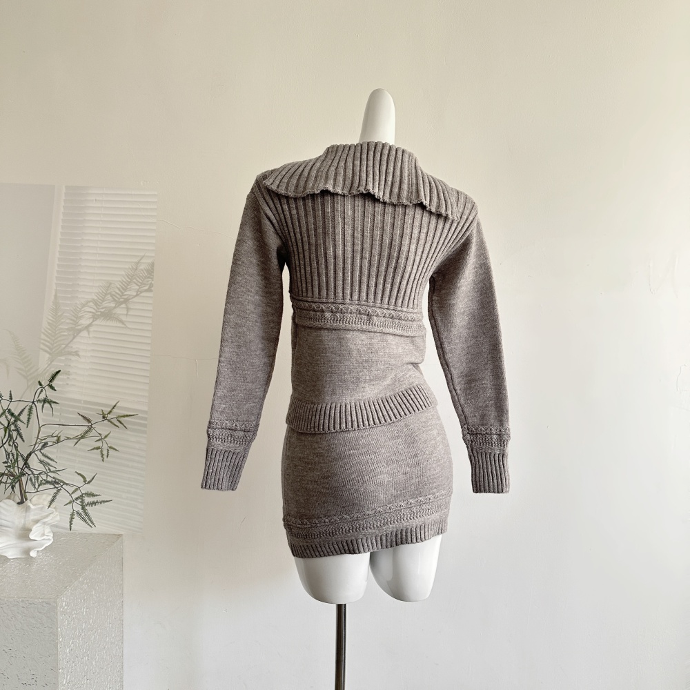 Knitted colors tops wool short skirt a set for women