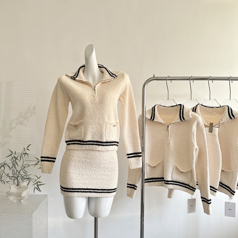 Chanelstyle navy tops knitted short skirt a set