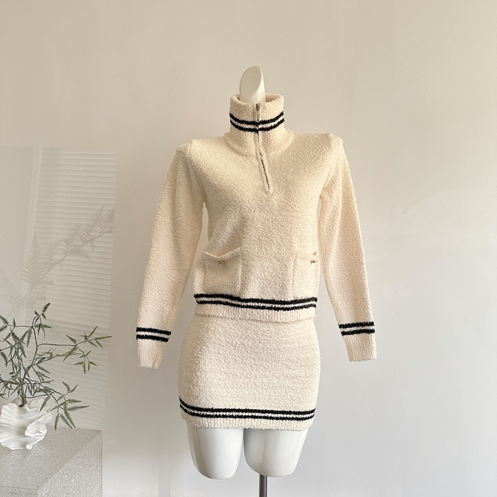 Chanelstyle navy tops knitted short skirt a set