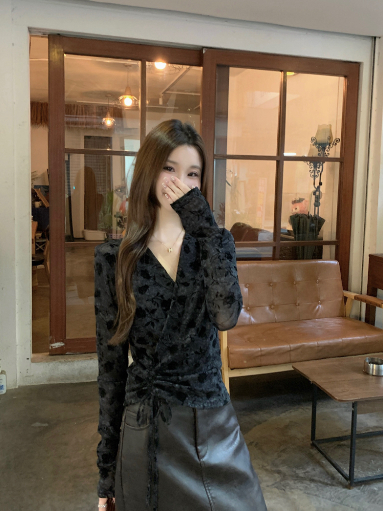 V-neck slim tops France style temperament shirt