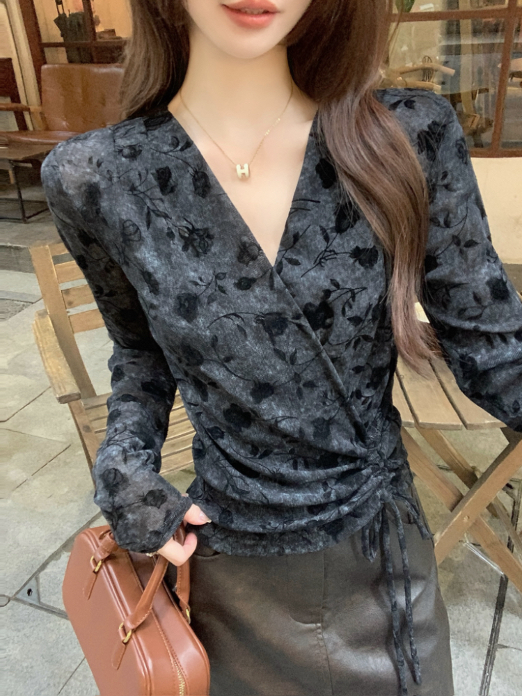 V-neck slim tops France style temperament shirt