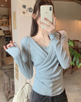 France style V-neck sweater all-match tops for women