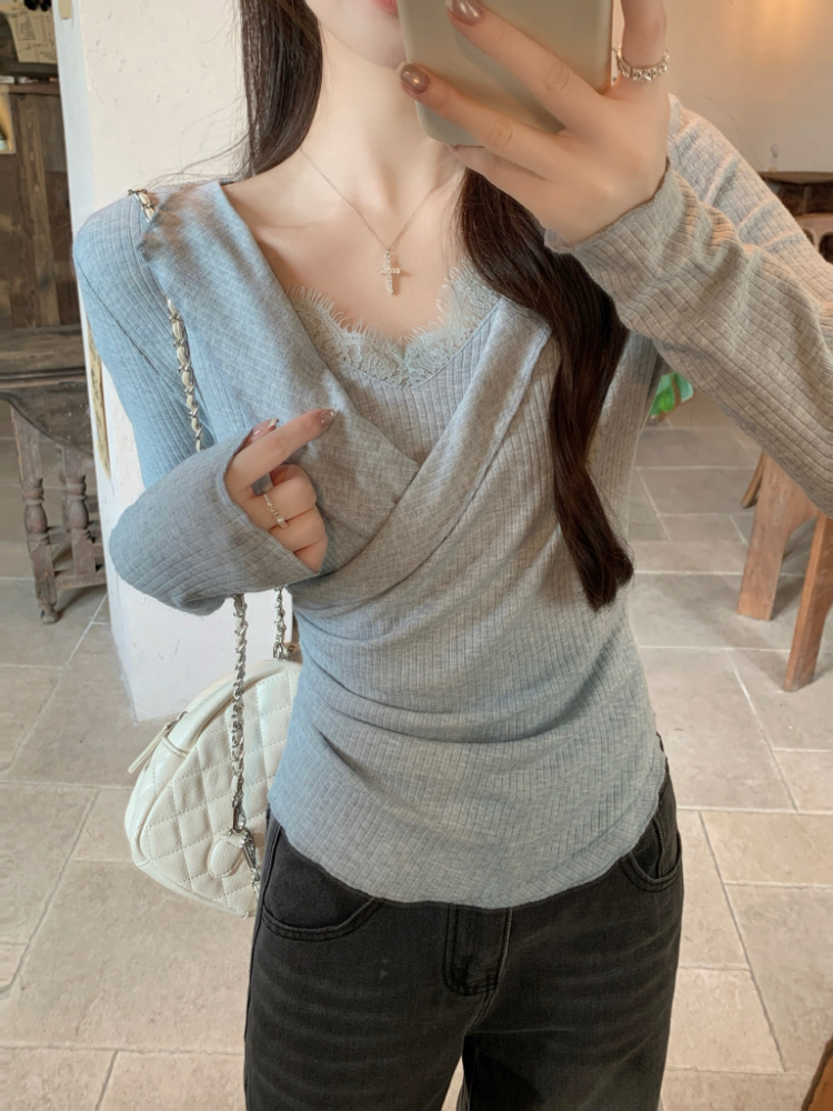 France style V-neck sweater all-match tops for women