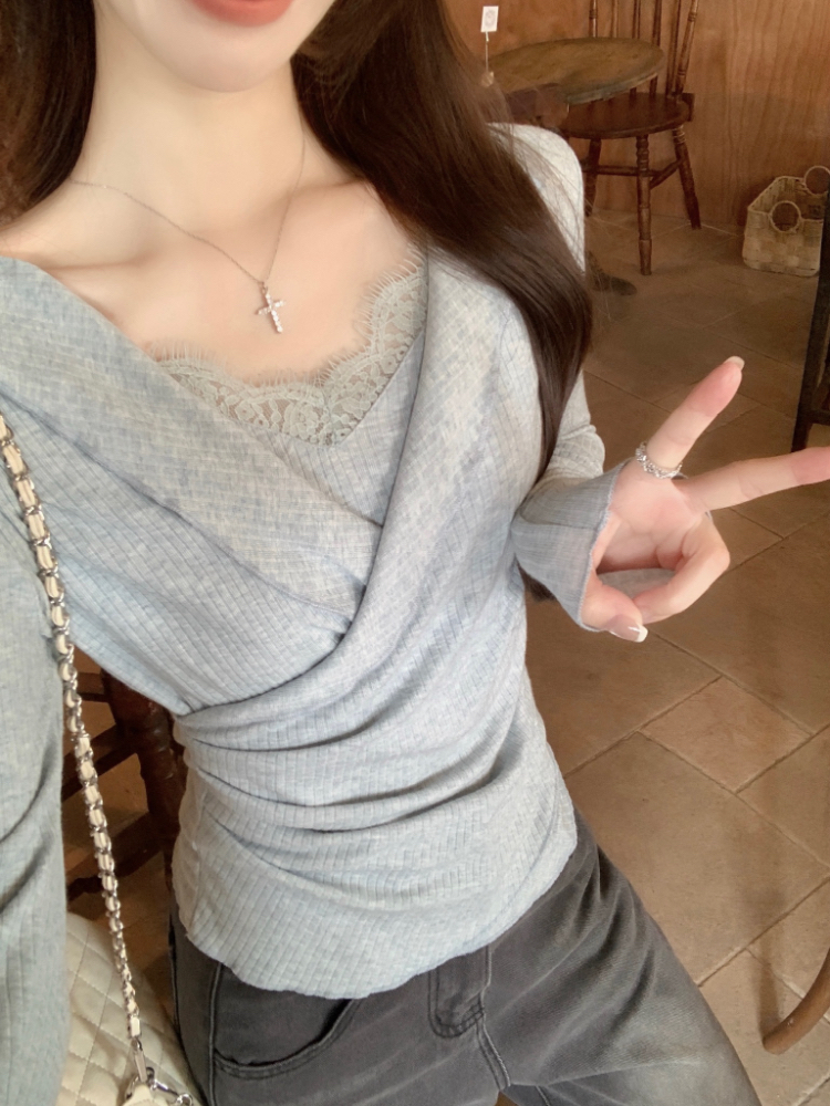 France style V-neck sweater all-match tops for women