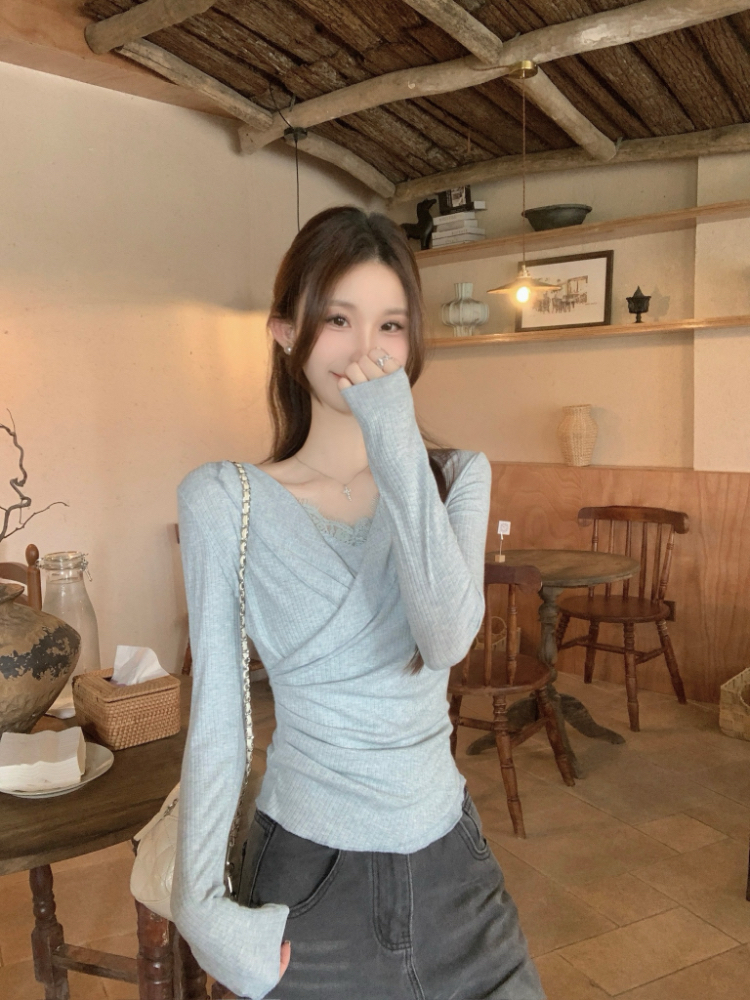 France style V-neck sweater all-match tops for women