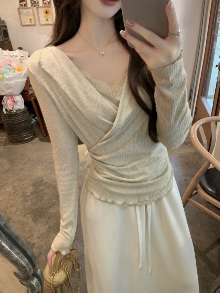 France style V-neck sweater all-match tops for women