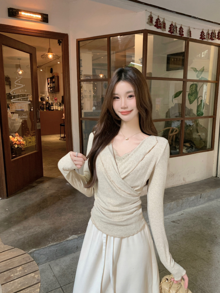 France style V-neck sweater all-match tops for women