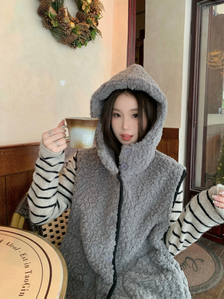 Hooded sleeveless coat Korean style waistcoat for women