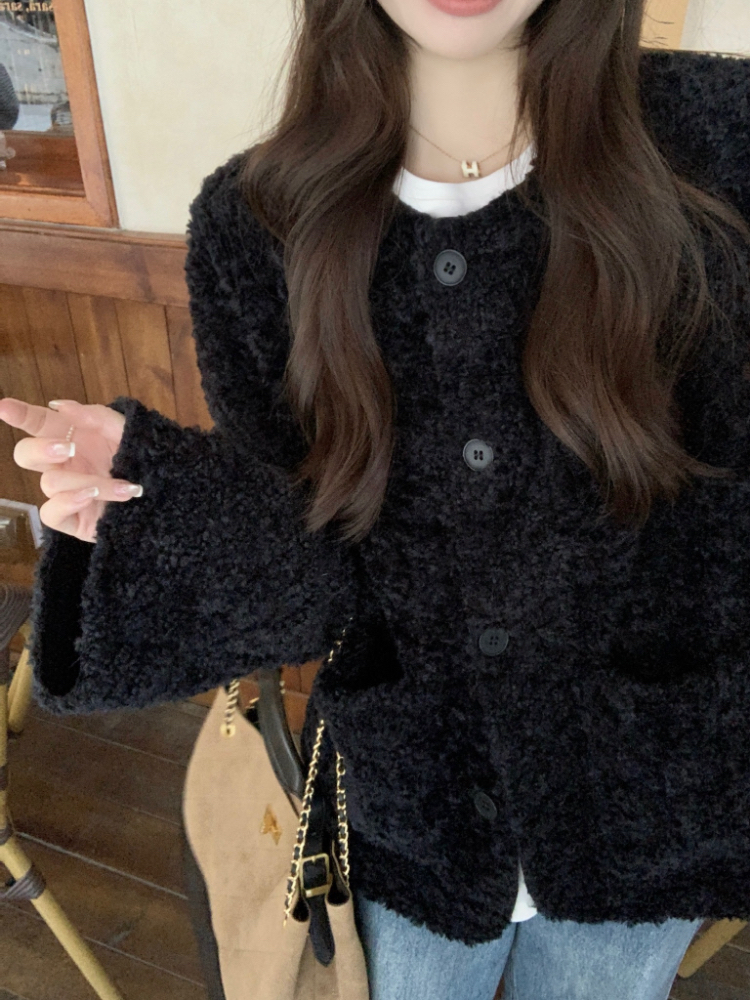 Winter all-match loose lambs wool round neck retro coat