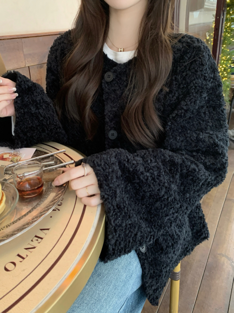 Winter all-match loose lambs wool round neck retro coat