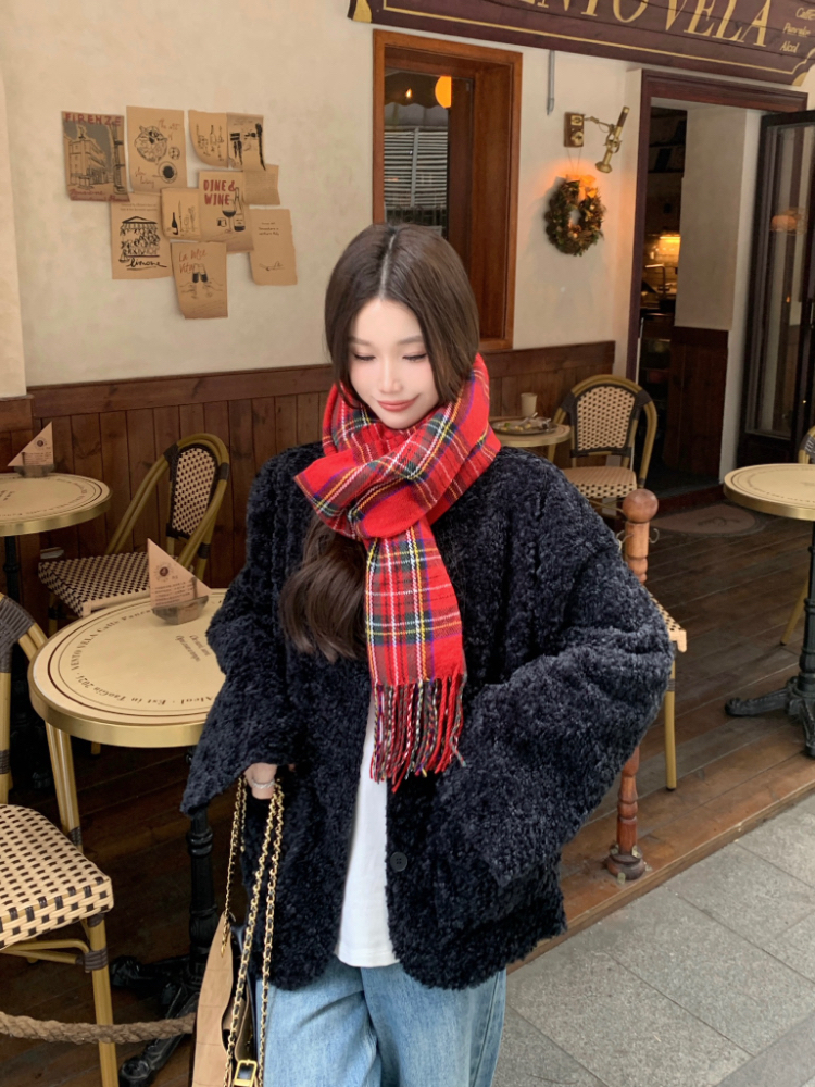 Winter all-match loose lambs wool round neck retro coat