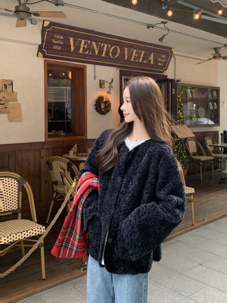 Winter all-match loose lambs wool round neck retro coat