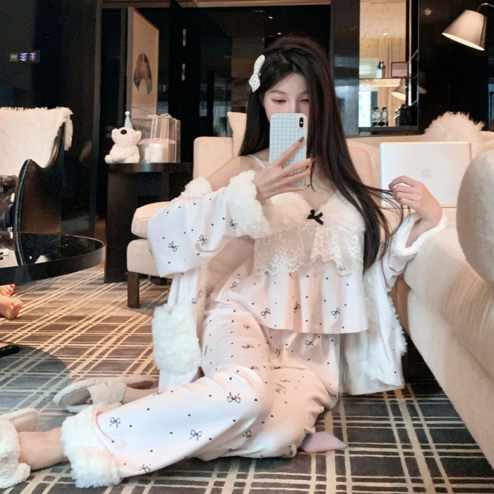 Long sleeve pajamas long pants 3pcs set for women