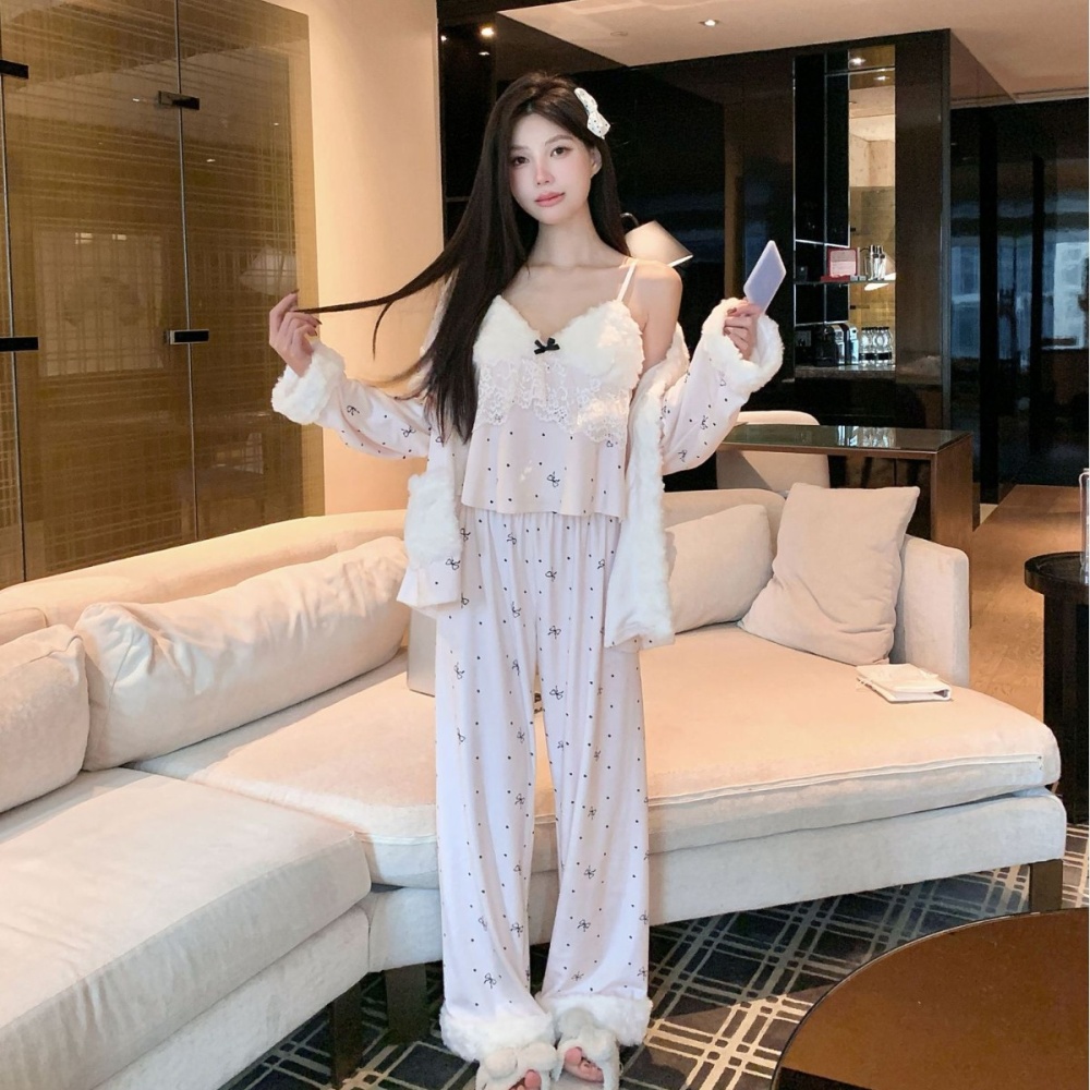 Long sleeve pajamas long pants 3pcs set for women
