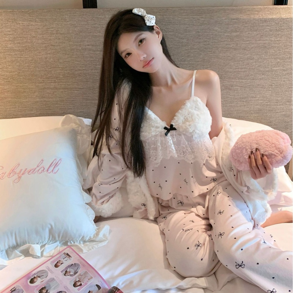Long sleeve pajamas long pants 3pcs set for women