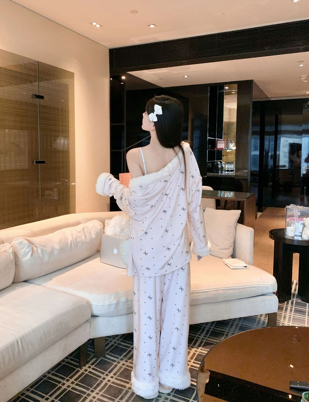 Long sleeve pajamas long pants 3pcs set for women