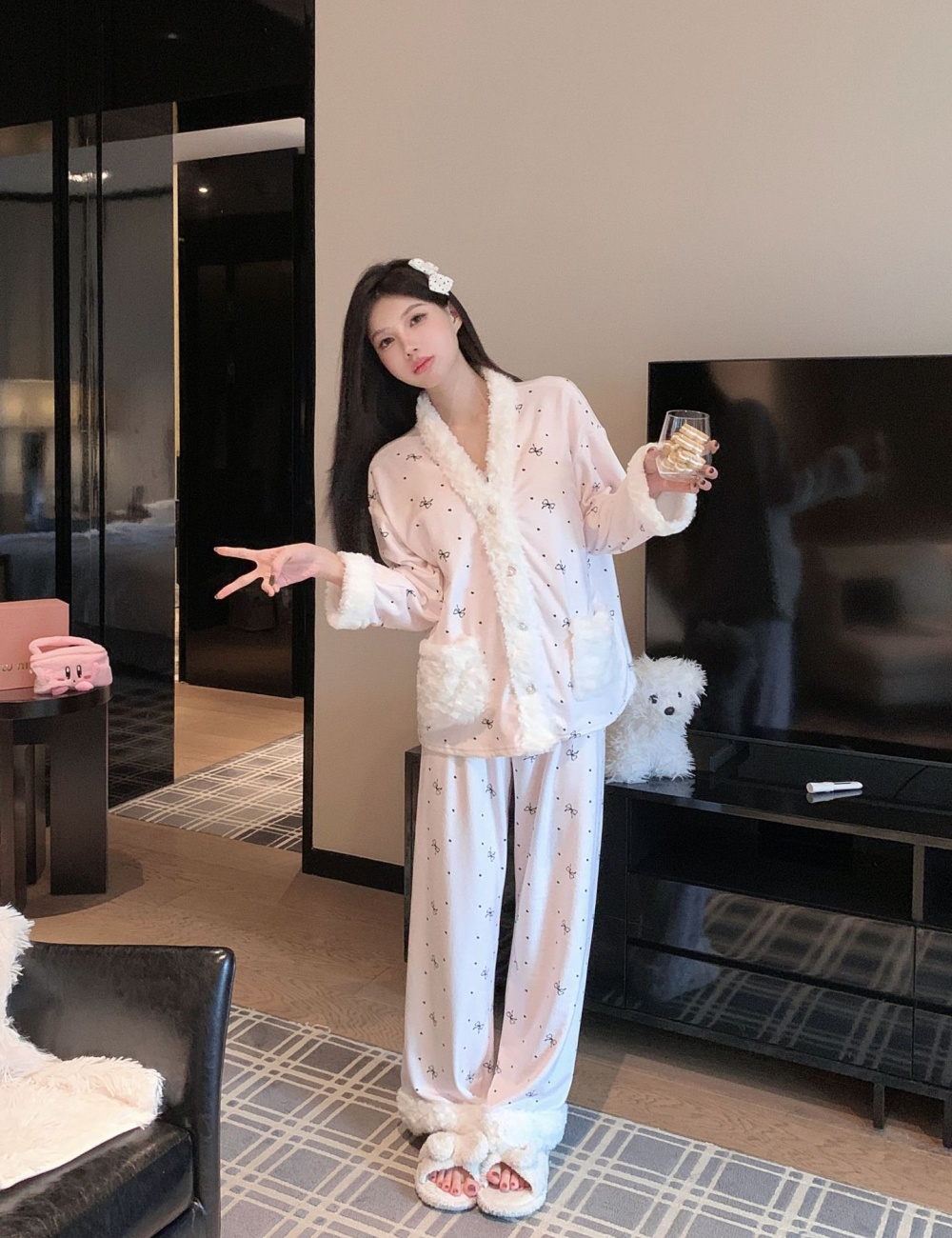 Long sleeve pajamas long pants 3pcs set for women