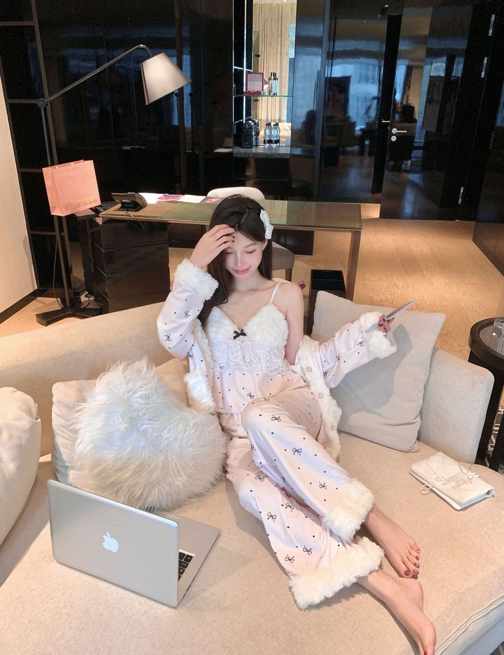 Long sleeve pajamas long pants 3pcs set for women