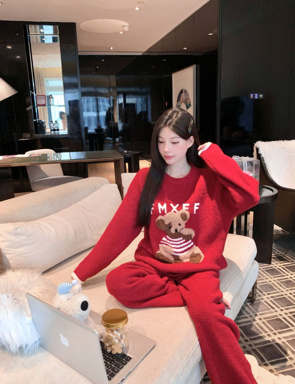 Wears outside homewear thick red pajamas a set for women