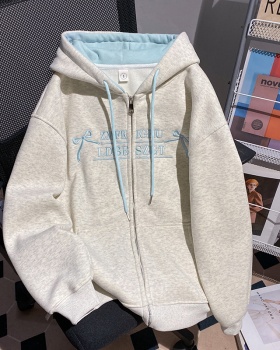 Plus velvet zip tops loose hooded coat for women