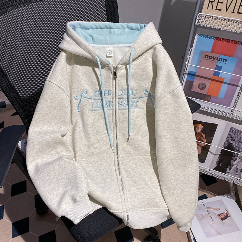 Plus velvet zip tops loose hooded coat for women