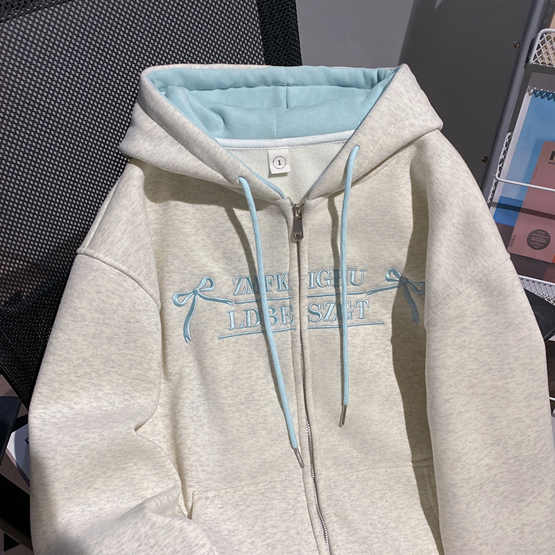 Plus velvet zip tops loose hooded coat for women