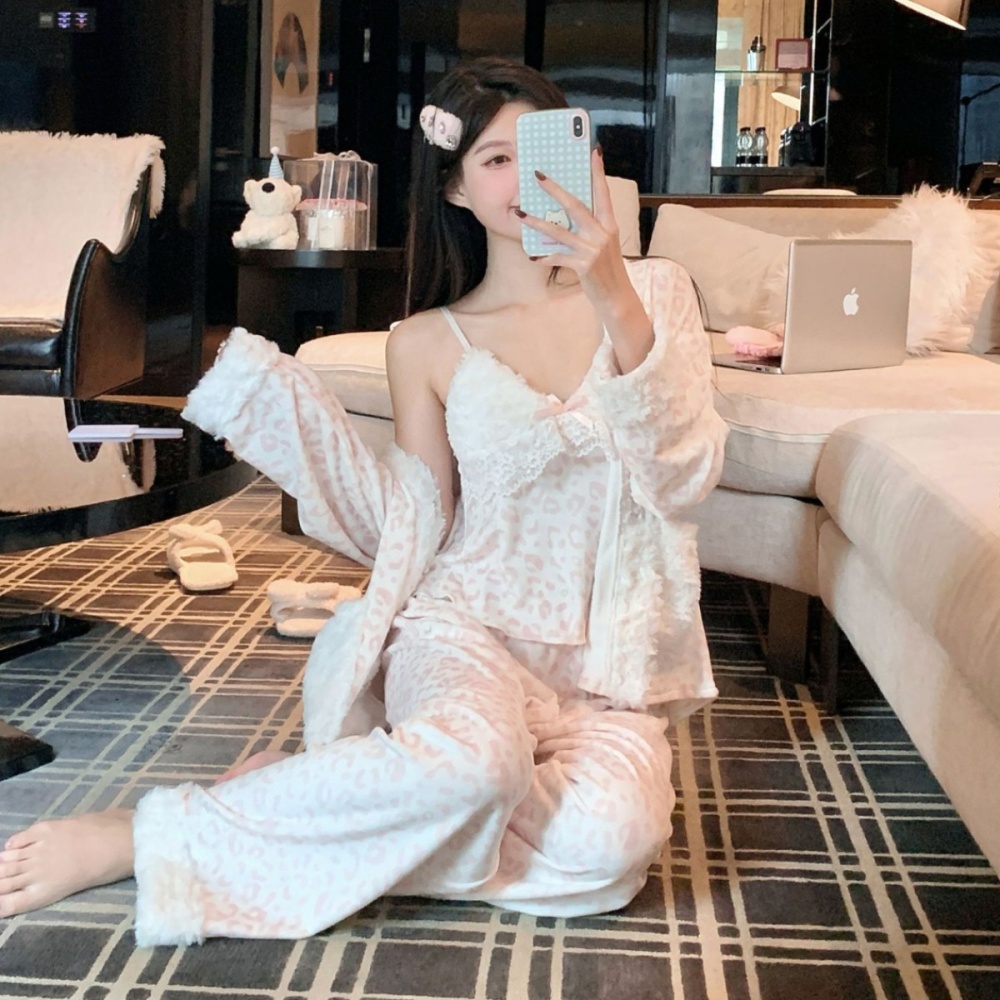 Autumn and winter long pants pink pajamas 3pcs set